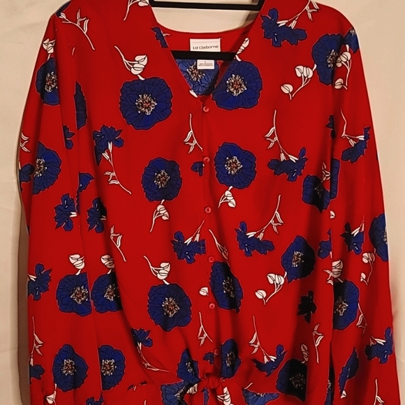 Liz Claiborne Crop Blouse Red with Blue flowers - Picture 1 of 5